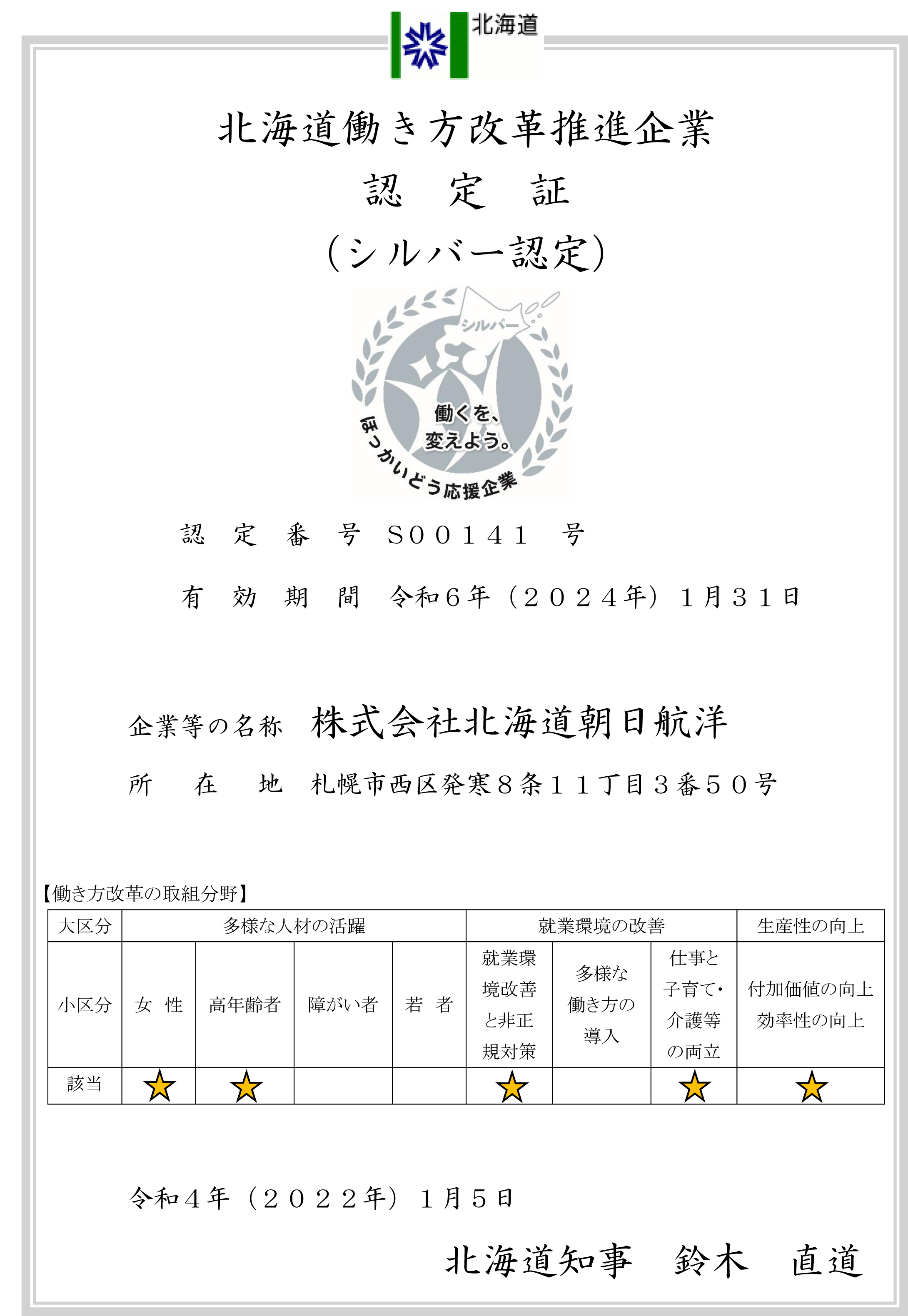 働き方改革推進事業認定証